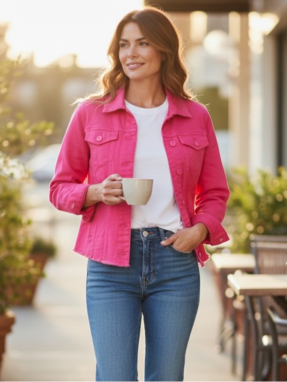 Hot Pink Denim Jacket, Classic Button Front, Raw Hem, Cotton, Women’s Large